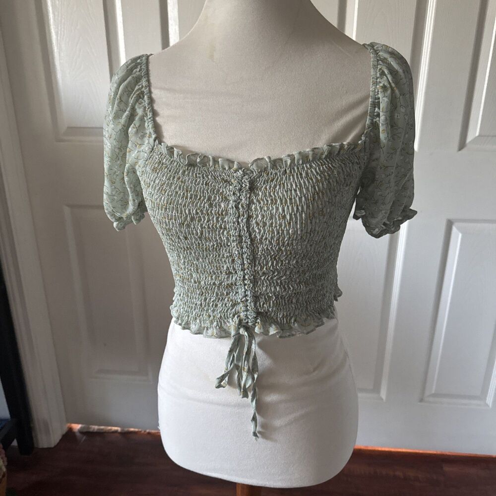 Papermoon Womens Cropped Peasant Top Med Shirred Ruched Puff Sleeves Green